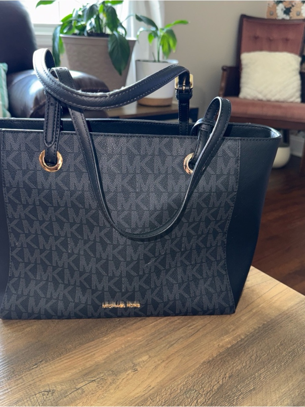 Michael Kors Black and Gray MK Monogram Tote with Gold Hardware